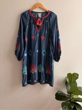 Tommy Bahama Kaftan Dress Womens S Blue Embroidered Tassel Boho Pockets Tencel